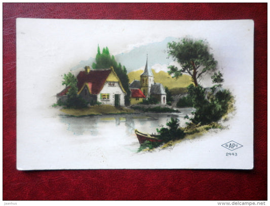 church - house - boat - SAPI 2443 - old postcard - circulated in Estonia - France - used - JH Postcards