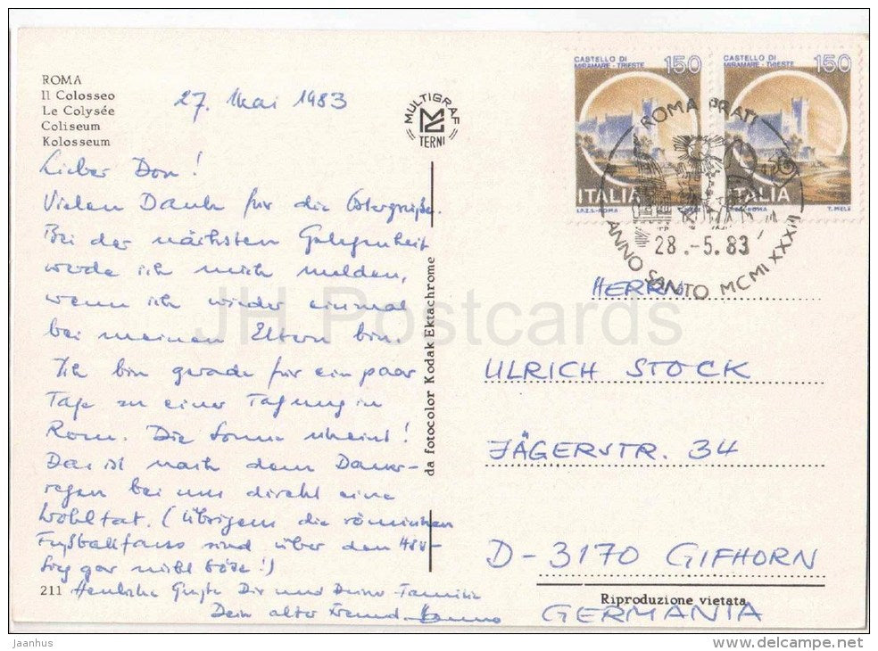 Il Colosseo - Coliseum - Roma - Rome - 211 - Italia - Italy - sent from Italy Rome to Germany 1983 Roma Prati - JH Postcards