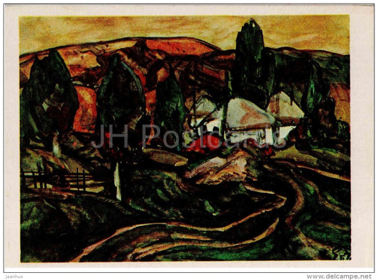 painting by S. Lunev - Evening in the brigade , 1970 - village - russian art - unused - JH Postcards