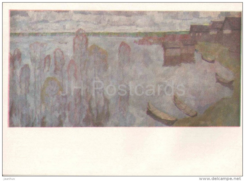 painting by E. Zverkov - Northern Spring , 1969 - boat - russian art - unused - JH Postcards