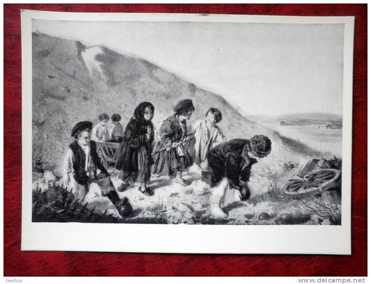 painting by W.E. Makovsky - Children drag cannonballs - art - unused - JH Postcards