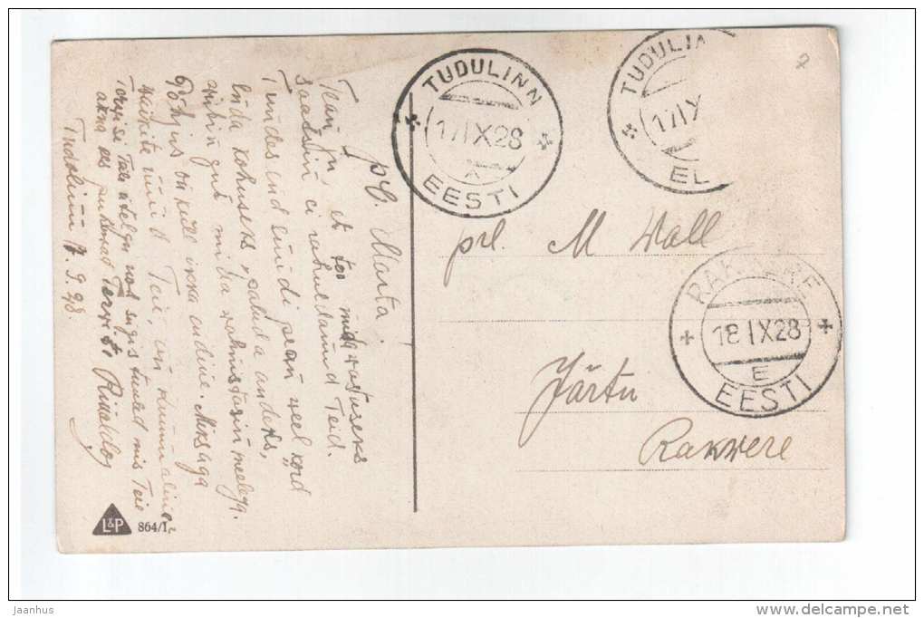 illustration - house - road - L&P 864/1 - old postcard - circulated in Estonia 1928 Tudulinna Rakvere - used - JH Postcards
