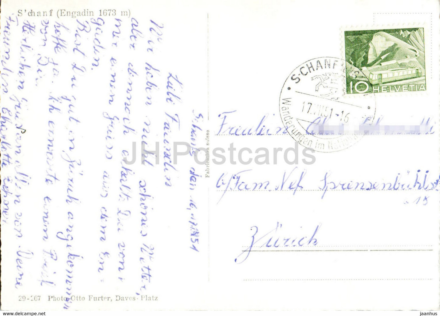 S'chanf - Engadin 1673 m - alte Postkarte - 1951 - Schweiz - gebraucht