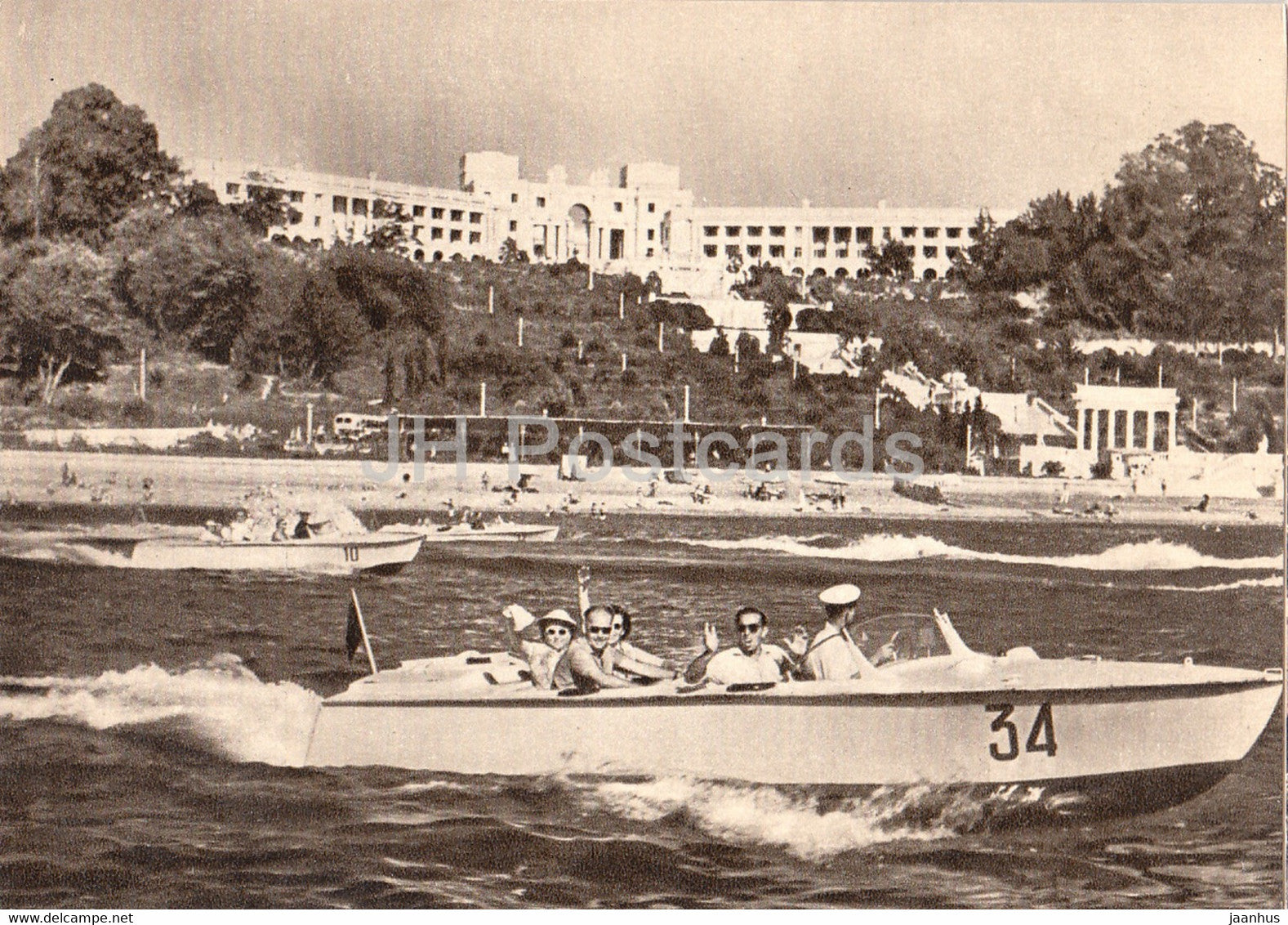 Sochi - view from the sea to the sanatorium Novye Sochi (New Sochi) - motor boat - 1958 - Russia USSR - unused - JH Postcards