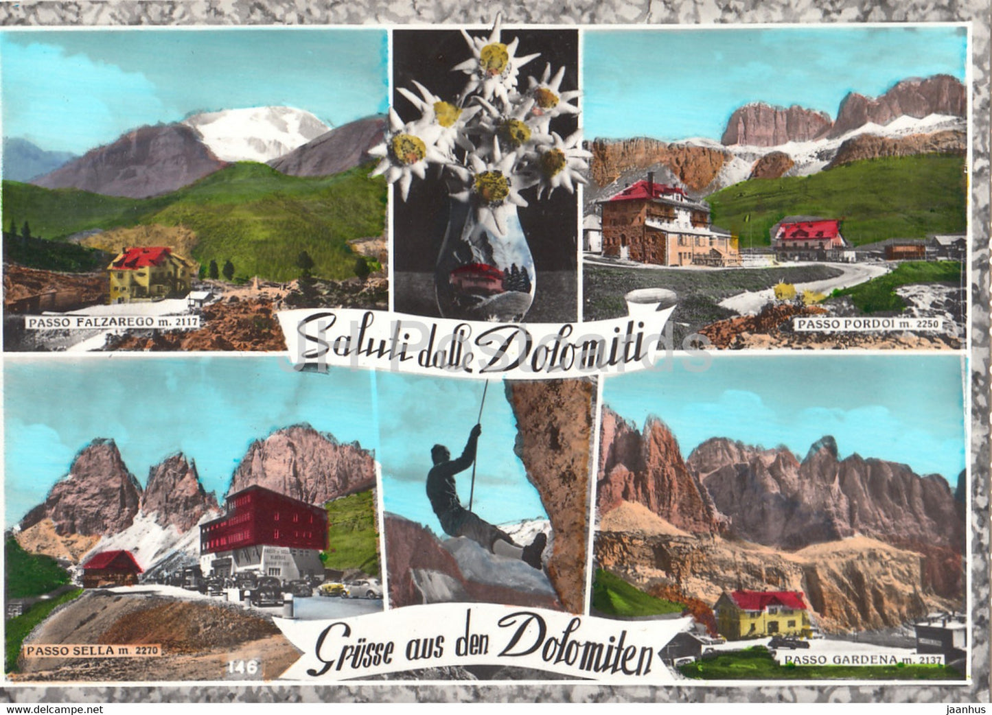 Saluti dalle Dolomiti - Grusse aus Dolomiten - Passo Falzarego - Pordoi - Sella - Gardena - Italy - Italia - unused - JH Postcards