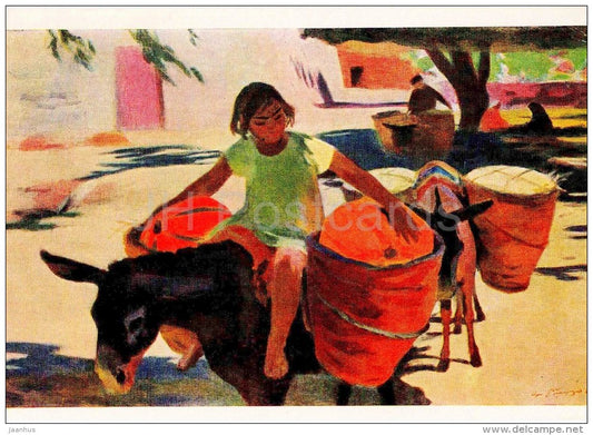 painting by A. Bekaryan - Ashtarak , 1960 - donkey - pumpkins - girl - armenian art - unused - JH Postcards