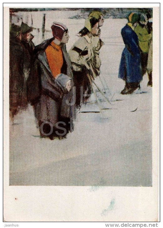 painting by E. Gribov - They are Coming - skiing - competition - russian art - unused - JH Postcards