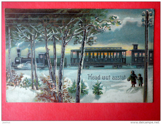 new year greeting card - train - railway - winter - circulated in Imperial Russia Estonia Wesenberg 1900s - JH Postcards