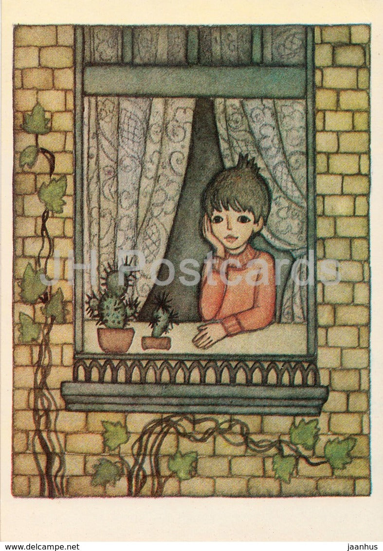 Karlsson-on-the-Roof by Astrid Lindgren - Boy - window - illustration by N. Poplavskaya - 1976 - Russia USSR - unused - JH Postcards