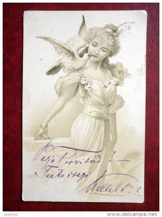 illustration by Hegedus Geiger - woman in white with dove - B. K. W. I. 550 - circulated in 1903 - Tsarist Russia - used - JH Postcards