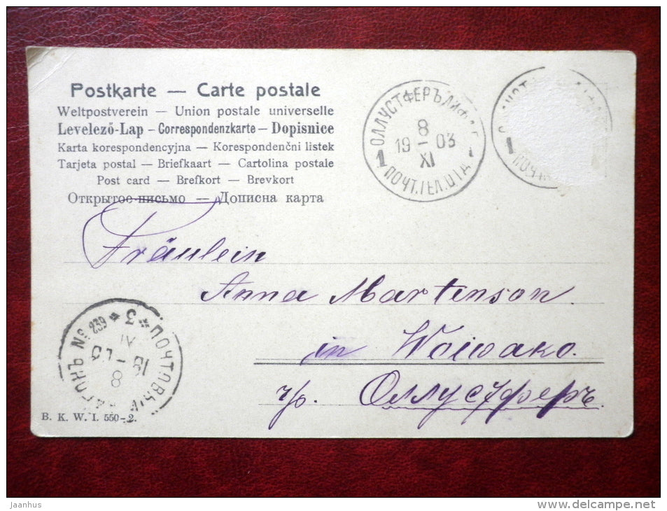 illustration by Hegedus Geiger - woman in white with dove - B. K. W. I. 550 - circulated in 1903 - Tsarist Russia - used - JH Postcards