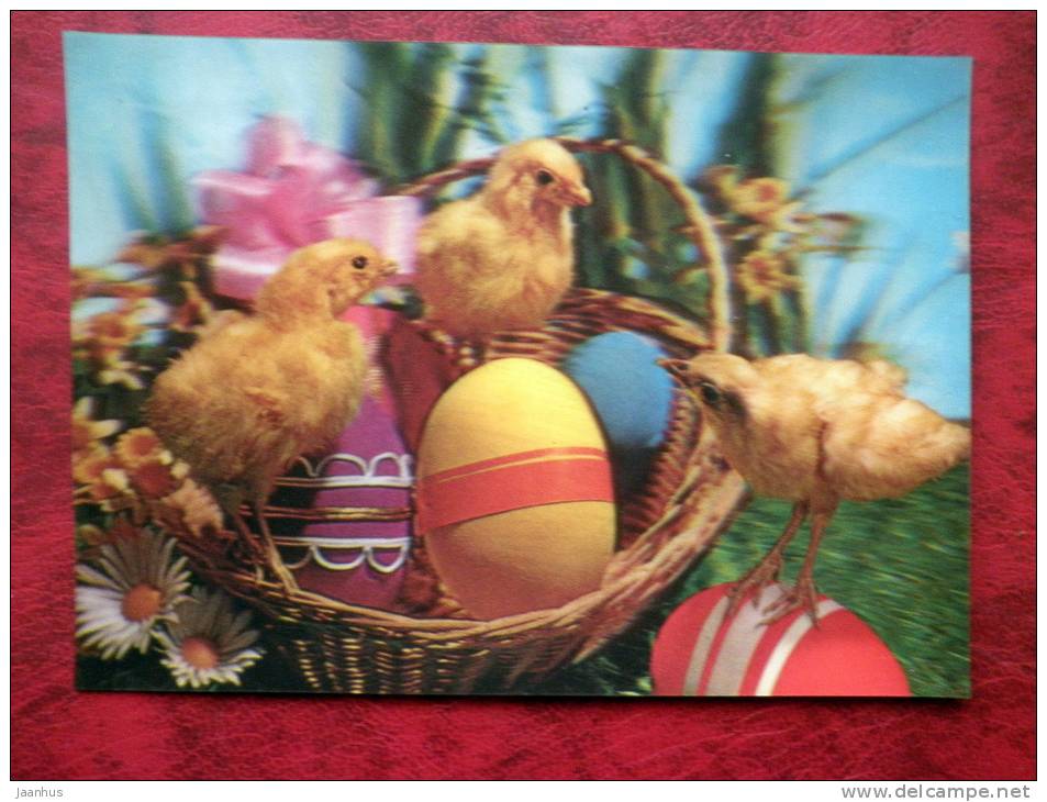 Japan - 3D - stereo - easter - chiken - eggs - sent from Sweden to  Finland - 1983 - Stamped!! - used - JH Postcards