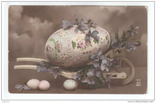 Easter Greeting Card - decorated egg - trolley - AN Paris 1511 - circulated in Tsarist Russia Estonia Nãµmme - used - JH Postcards