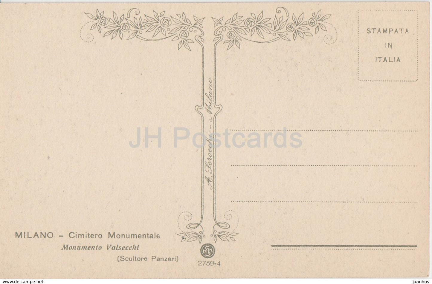 Milano - Milan - Cimitero Monumentale - Monumento Valsecchi - cemetery - old postcard - Italy - unused