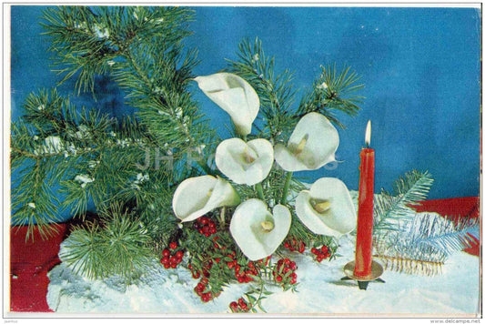 New Year greeting card - candle - flowers - 1970 - Russia USSR - unused - JH Postcards