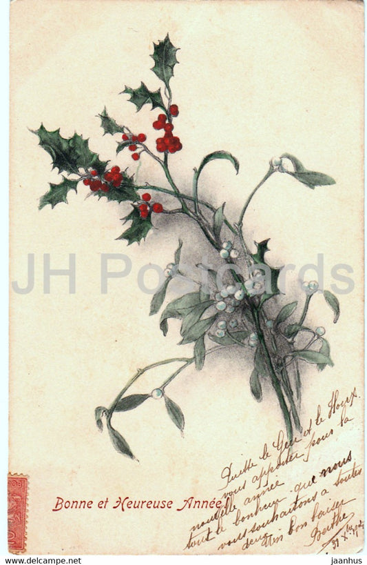 Birthday Greeting Card - Bonne et Heureuse Annee - flowers - 201 - M M Vienne - old postcard 1904 - France - used - JH Postcards