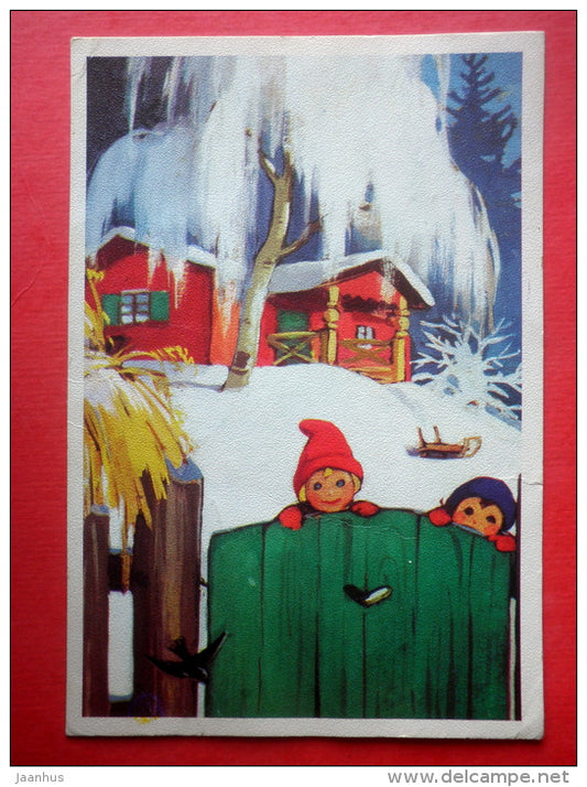 Christmas Greeting Card - children - sleigh - house - Finland - sent from Finland to Estonia USSR 1985 - JH Postcards