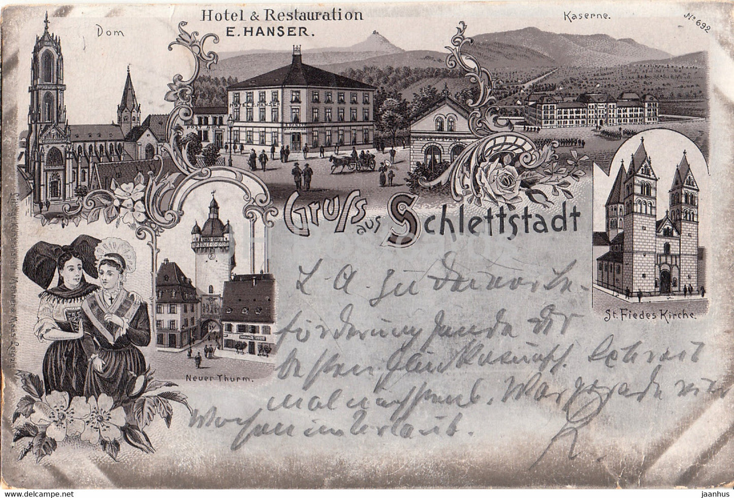 Gruss aus Schlettstadt - Selestat - hotel restaurant E. Hanser - Kaserne - Dom - old postcard - 1897 - France - used - JH Postcards