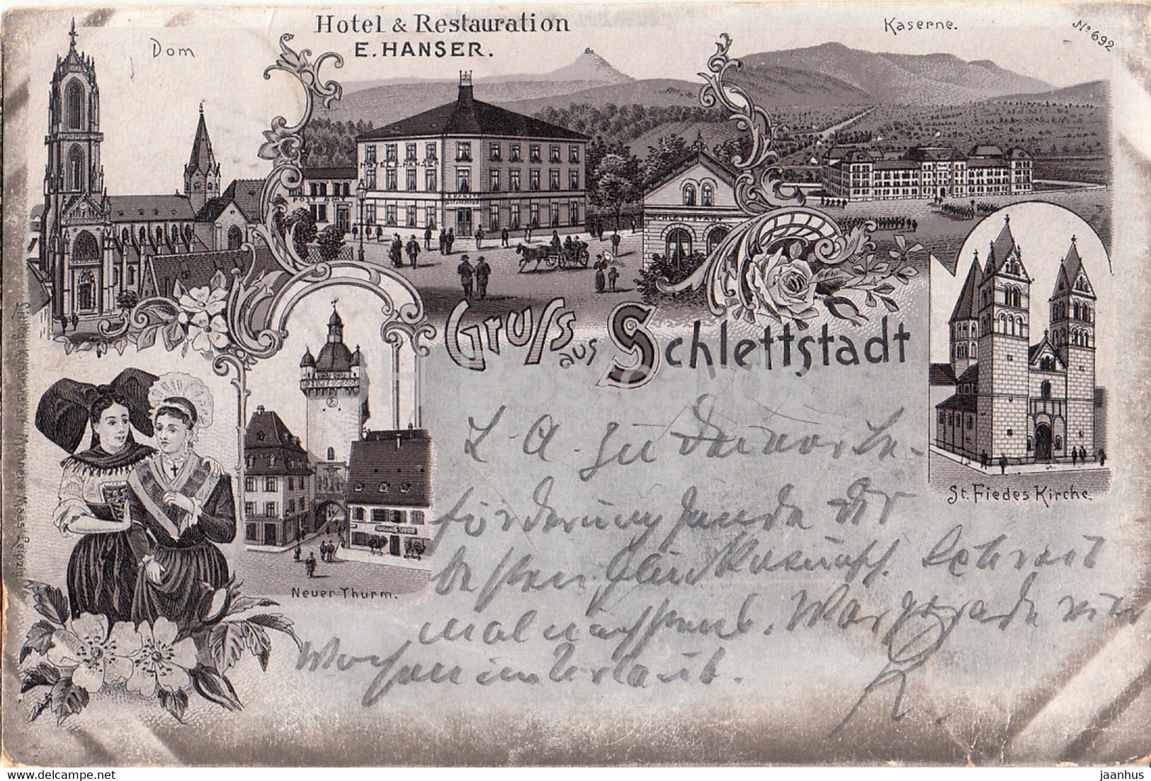 Gruss aus Schlettstadt - Selestat - hotel restaurant E. Hanser - Kaserne - Dom - old postcard - 1897 - France - used - JH Postcards