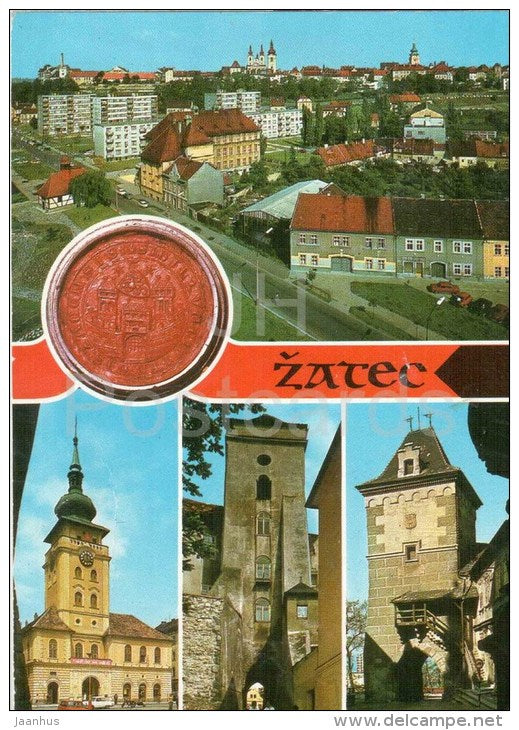 Zatec - panorama - town hall - Libocnská and priestly gate - Czechoslovakia - Czech - used in 1976 - JH Postcards