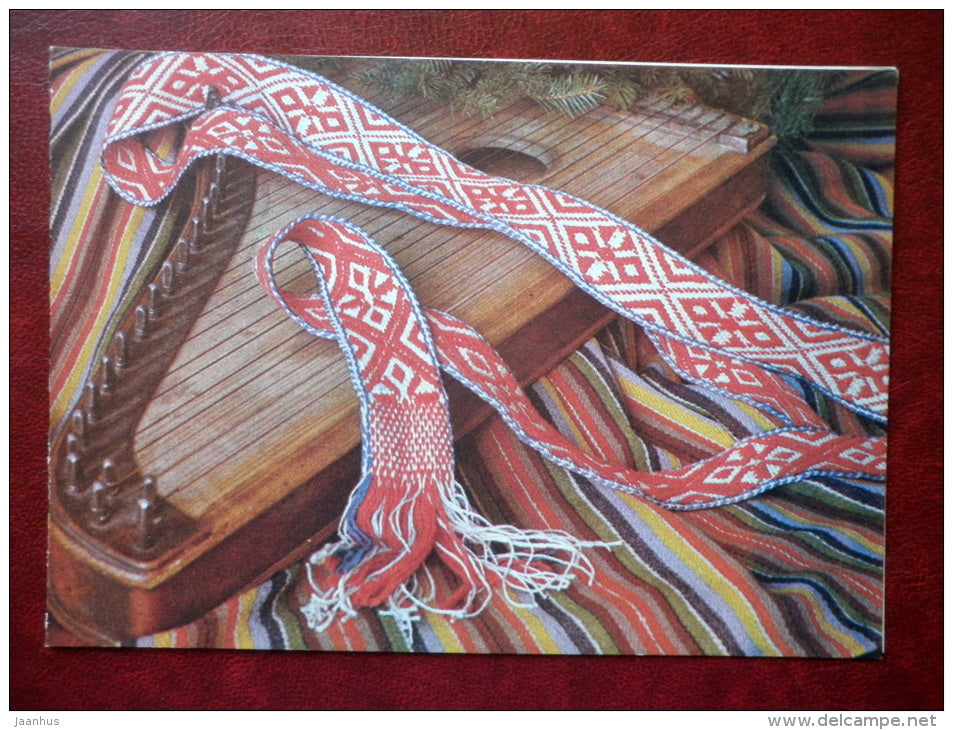 New Year Greeting card - belt of folk costume - Estonian zither - 1984 - Estonia USSR - unused - JH Postcards
