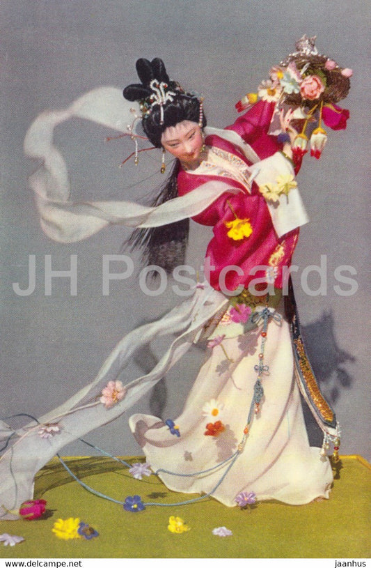 Fairy disassembling flowers - woman - silk - China Handicraft - Esperanto - 1964 - China - unused - JH Postcards