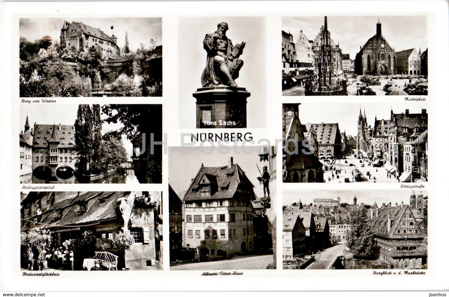 Nurnberg - Hans Sachs - Burg - Heiliggeistspital - Marktplatz - Konigstrasse - 1980 - Germany - used - JH Postcards