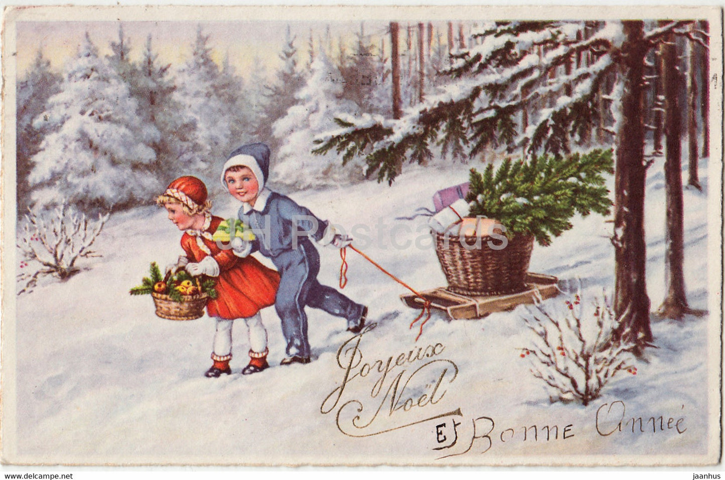 Christmas Greeting Card - Joyeux Noel - children - sledge - forest - gifts - 7105 - old postcard - 1939 - France - used - JH Postcards