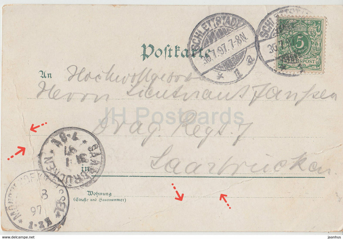 Gruss aus Schlettstadt - Selestat - hotel restaurant E. Hanser - Kaserne - Dom - old postcard - 1897 - France - used