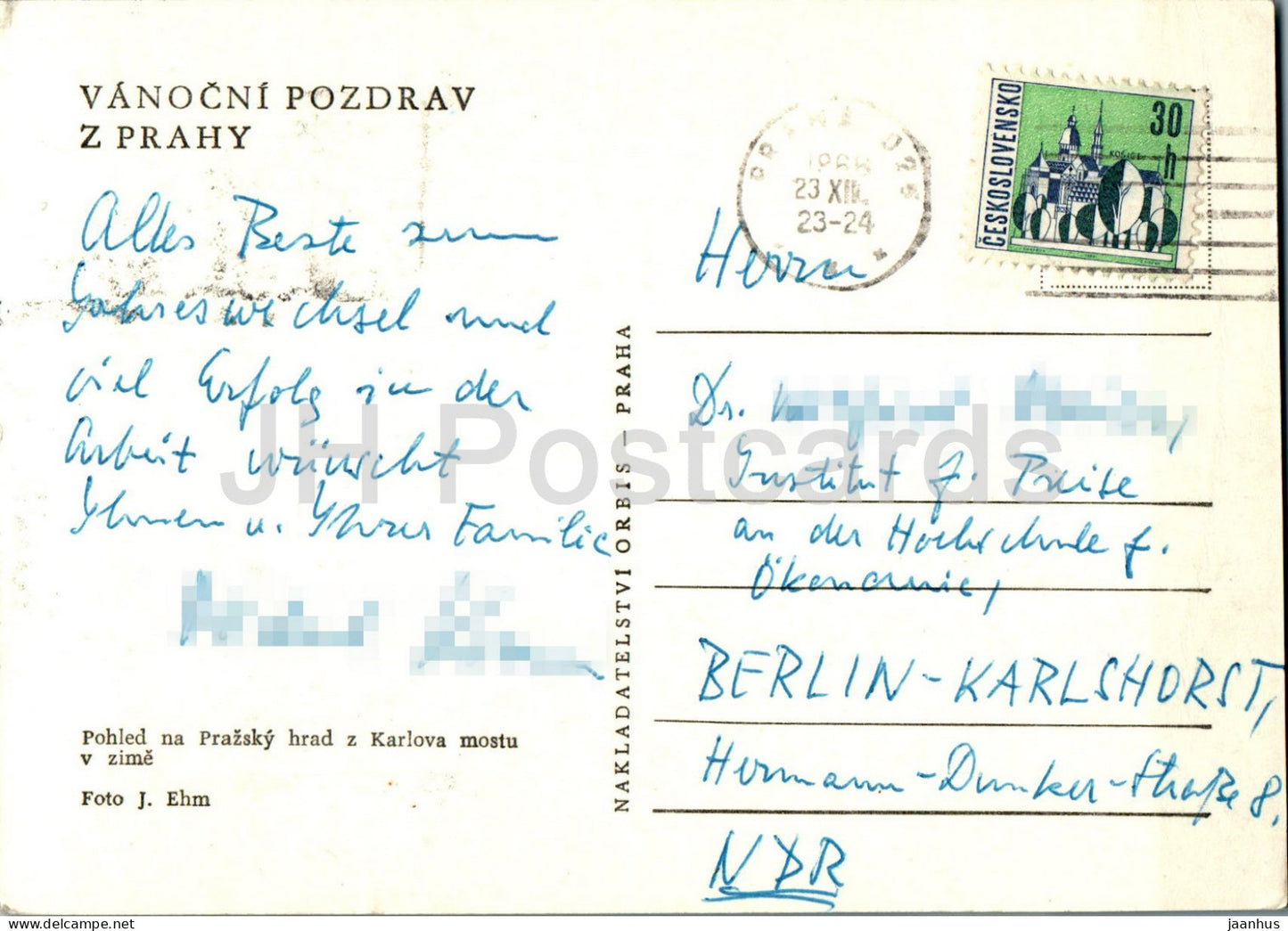 Praha - Prague - Vanocni Pozdrav z Prahy Salutations de Noël de Prague 1968 - République tchèque - Tchécoslovaquie - utilisé