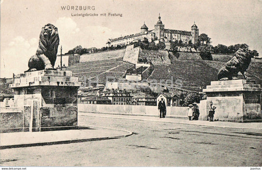 Wurzburg - Ludwigsbrucke mit Festung - lion - sculpture - bridge - old postcard - Germany - unused - JH Postcards