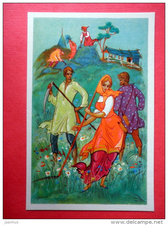 illustration by K. Andrianov - scythe - woman - Frost the Red Nose by S. Saharnov - 1971 - Russia USSR - unused - JH Postcards