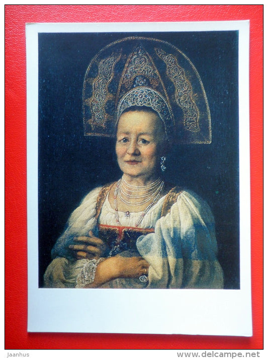 painting by Pyotr Drozhdin . Portrait of a Widow in the Headdress - old woman - russian art - unused - JH Postcards