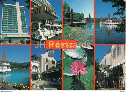 Heviz - spa - water lily - hotel - mini train - multiview - 1999 - Hungary - used - JH Postcards