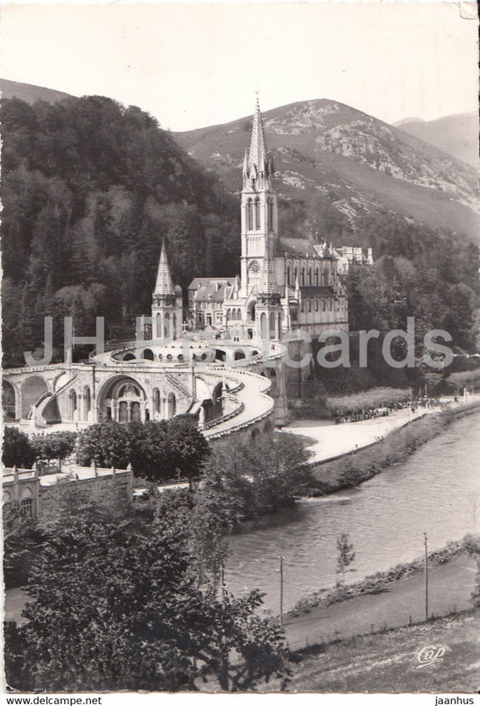 Lourdes - La Basilique et le Gave - 353 - old postcard - 1955 - France - used - JH Postcards