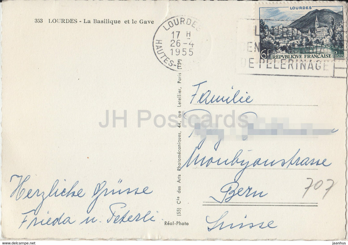 Lourdes - La Basilique et le Gave - 353 - old postcard - 1955 - France - used