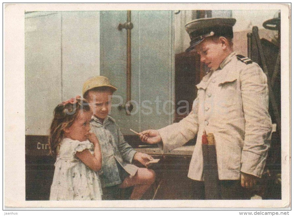 ticket controller - children playing - train - 1955 - Russia USSR - unused - JH Postcards