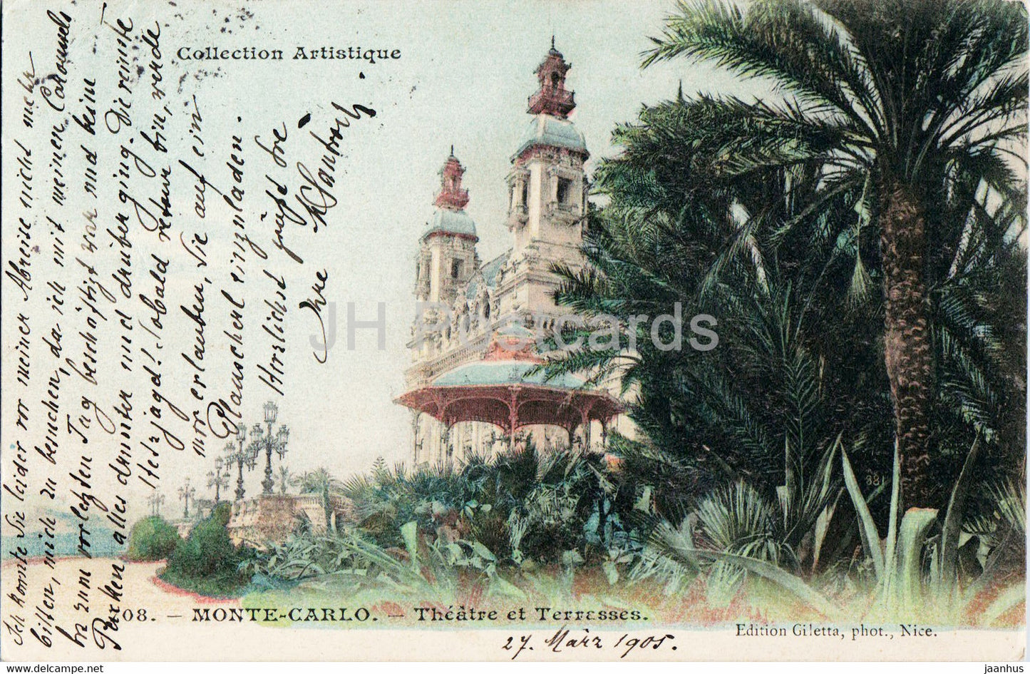 Monte Carlo - Theatre et Terrasses - Collection Artistique - 708 - old postcard - 1905 - Monaco - used - JH Postcards