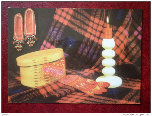 New Year Greeting card - knitwear - gloves - slippers - 1975 - Estonia USSR - used - JH Postcards
