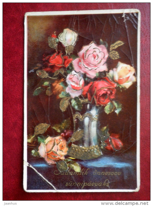 Birthday Greeting Card - roses - HWB  SER 2515 - old postcard - Estonia - used - JH Postcards