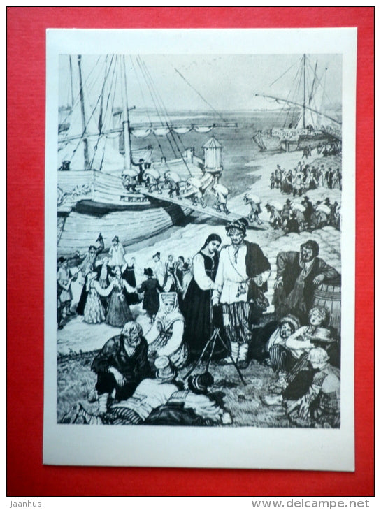 illustration by A. Laptyev - festivities of boatmen - sailing ship  Dead Souls by N. Gogol - 1978 - USSR Russia - unused - JH Postcards