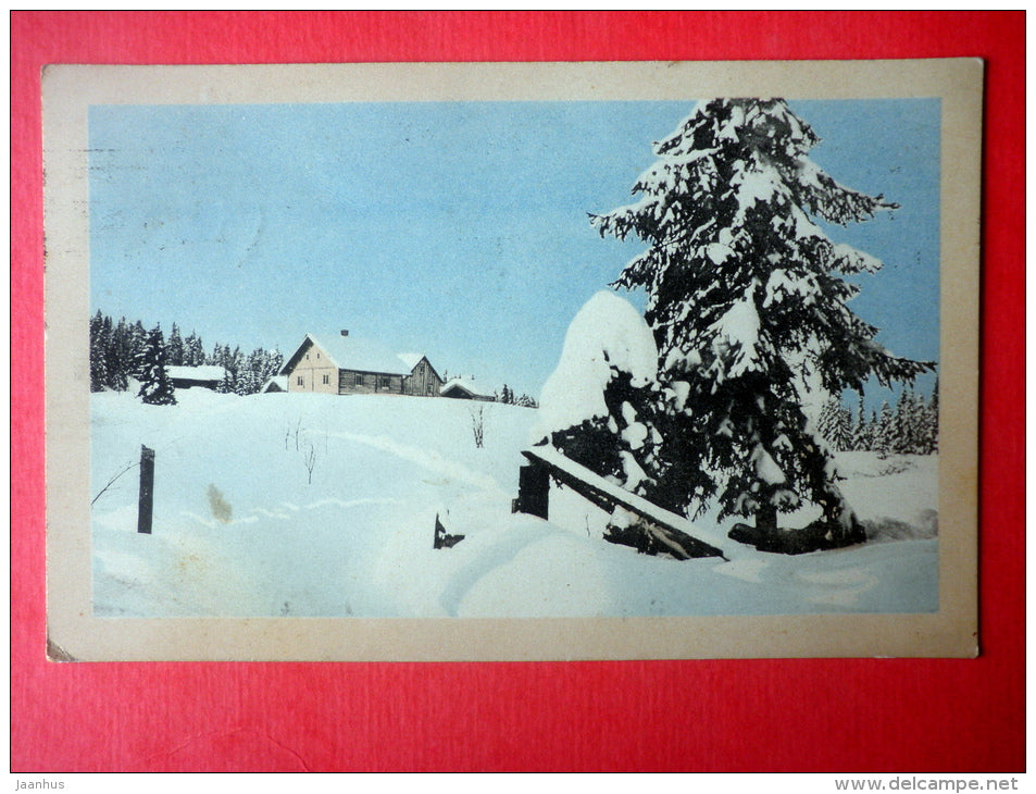 new year greeting card - house - tree - winter - photo - 508 - circulated in Estonia Tallinn railway mail 1922 - JH Postcards