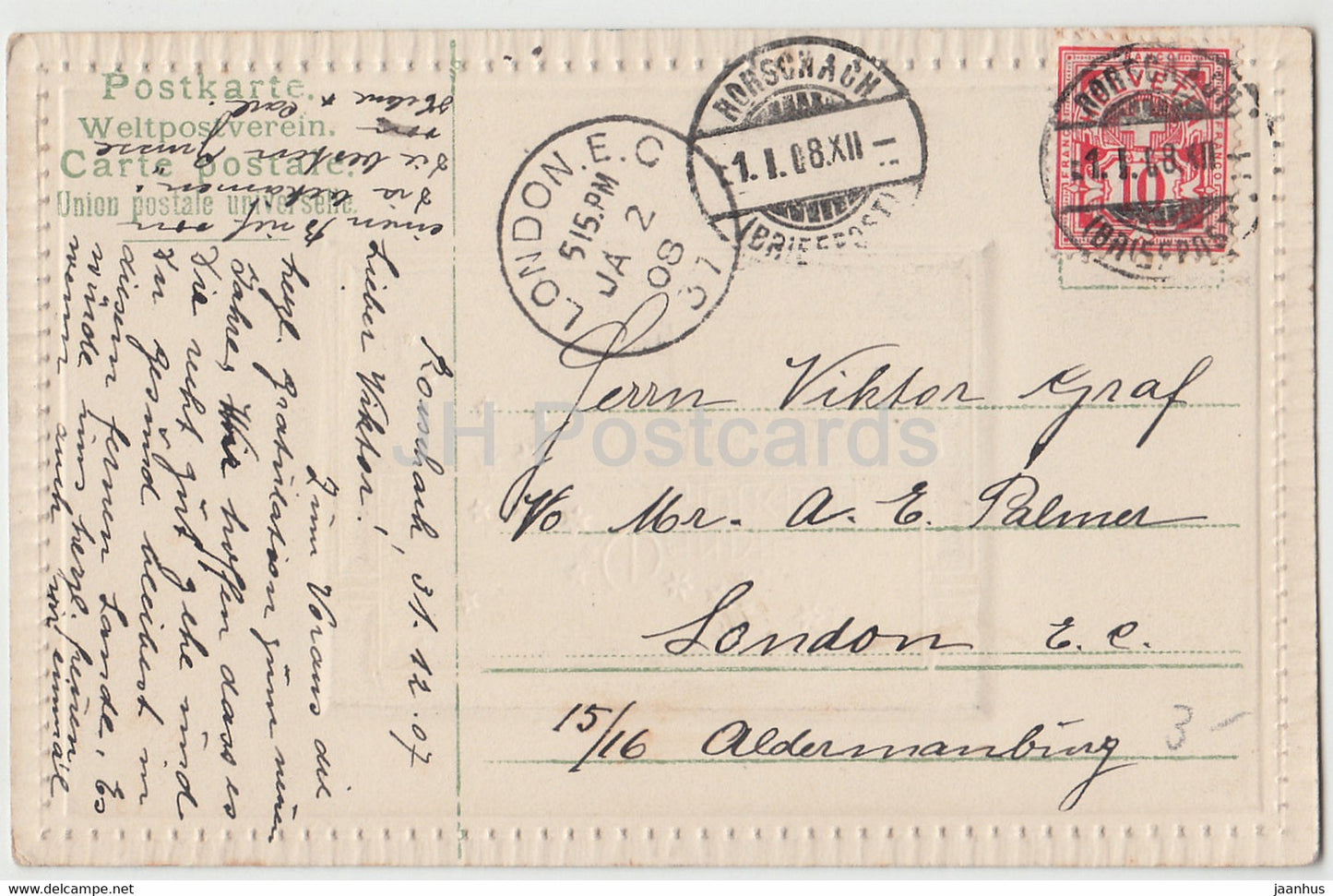 Carte de vœux du Nouvel An - Wandle Glucklich unter den Sternen de Neues Jahres - carte postale ancienne - 1908 - Allemagne - utilisé
