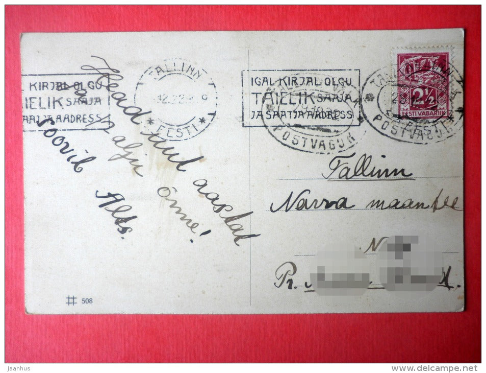 new year greeting card - house - tree - winter - photo - 508 - circulated in Estonia Tallinn railway mail 1922 - JH Postcards