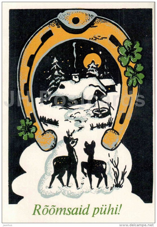 New Year greeting card - deer - horseshoe - winter house - 1970 - Estonia - used in 1992 - JH Postcards