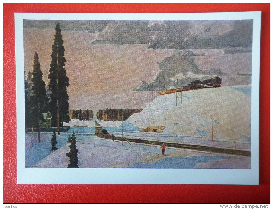 painting by G. Nissky . Moscow District . February , 1957 - train - russian art - unused - JH Postcards