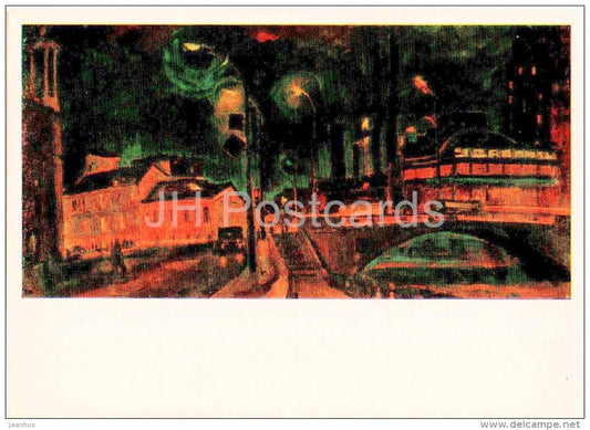painting by E. Veidemanis - Moscow in the Evening , 1980 - streets - russian art - unused - JH Postcards