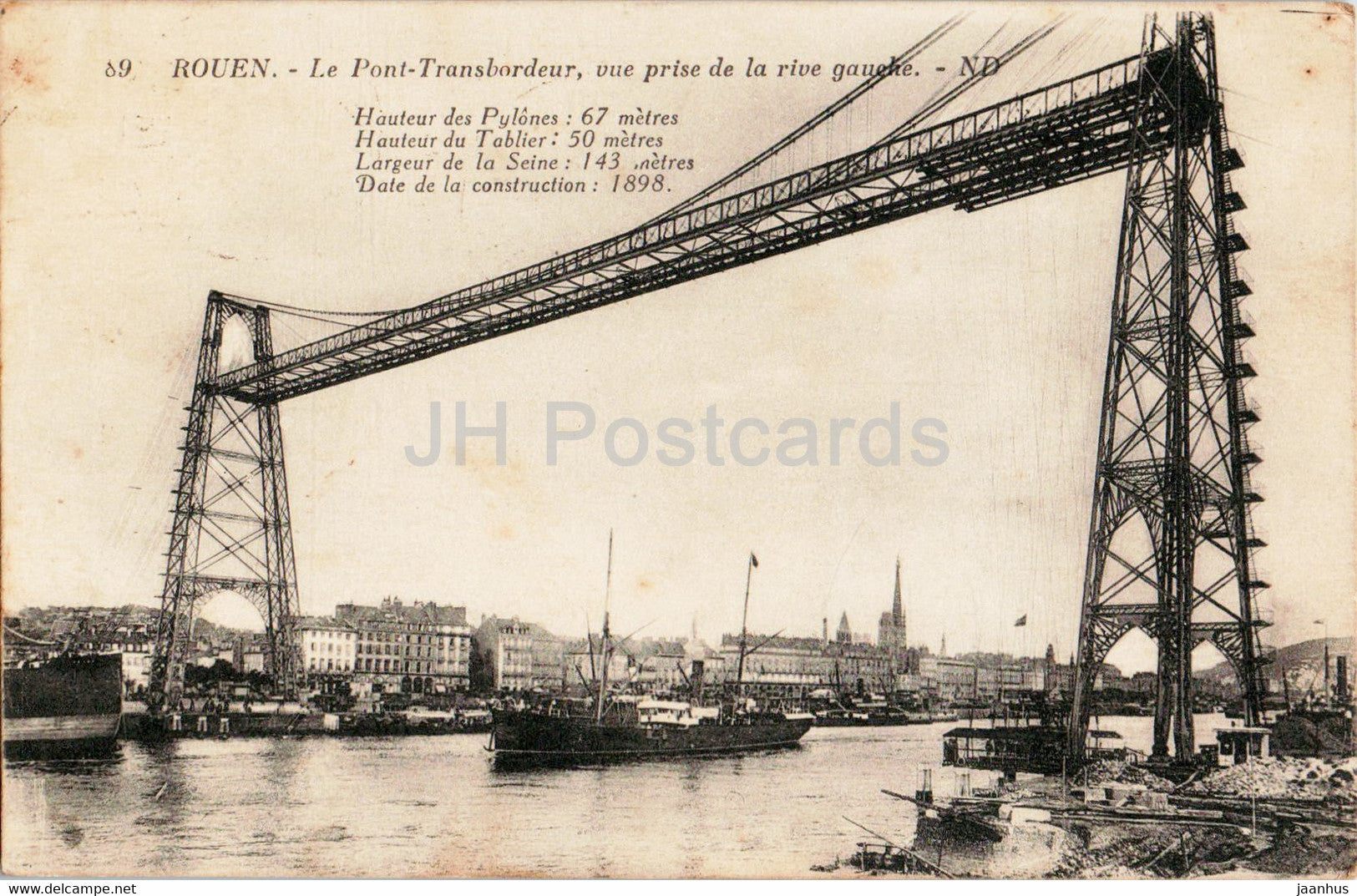 Rouen - Le Pont Transbordeur vue prise de la rive gauche - ship - 89 - old postcard - France - used - JH Postcards