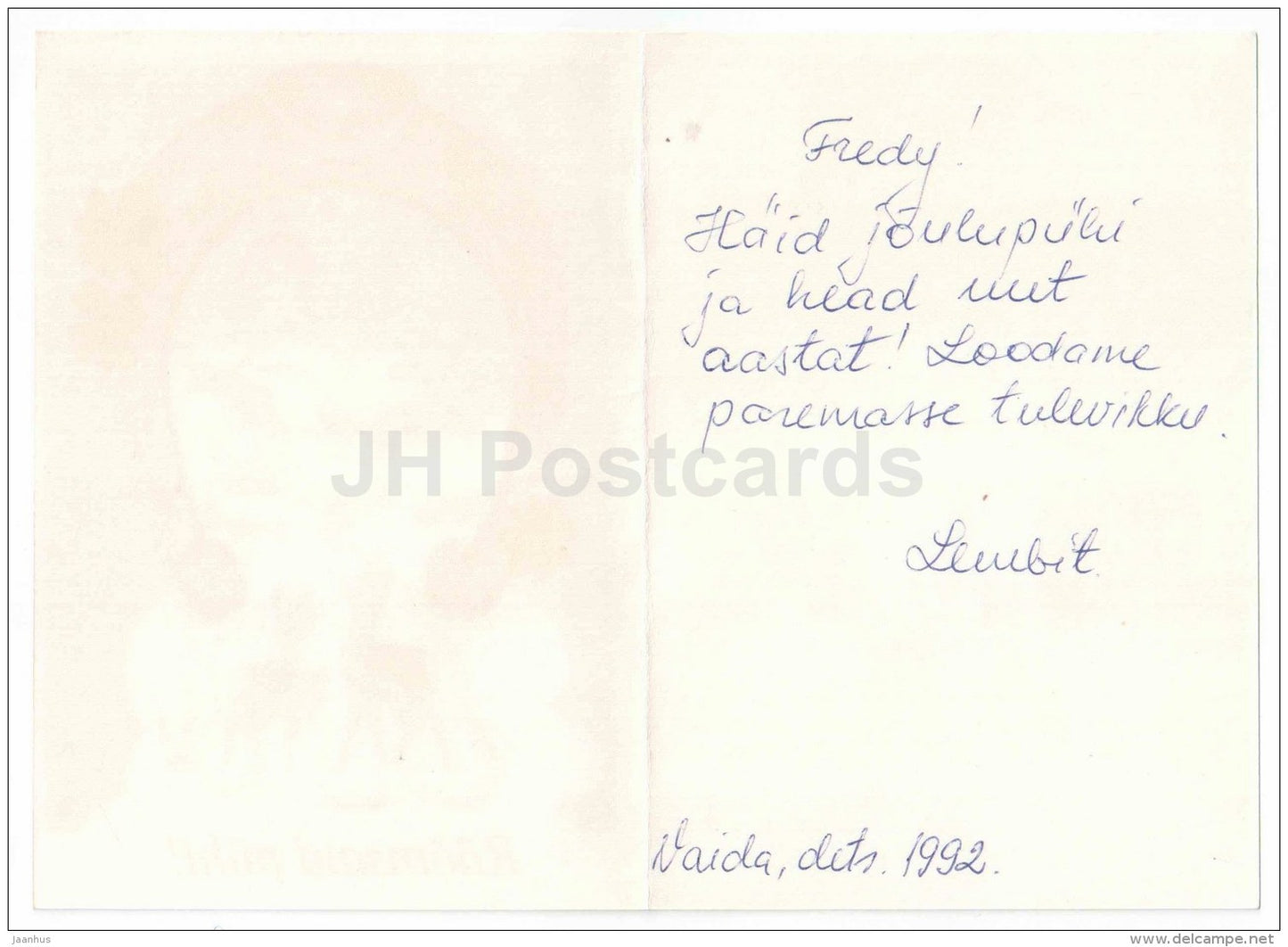 New Year greeting card - deer - horseshoe - winter house - 1970 - Estonia - used in 1992 - JH Postcards