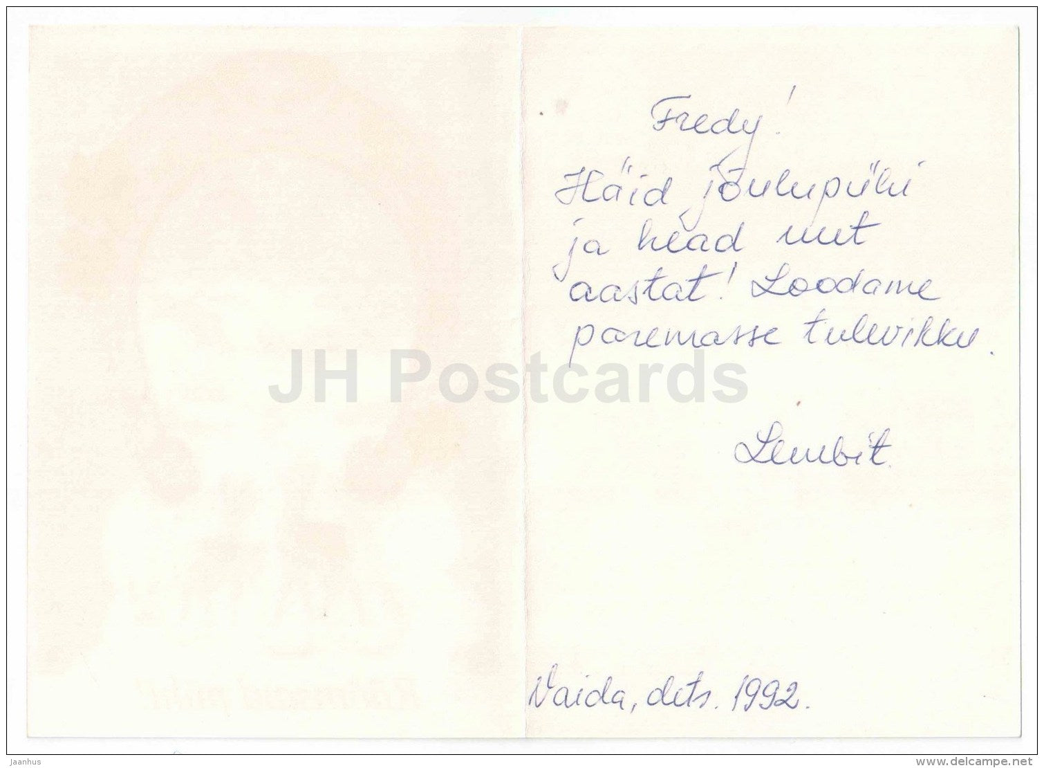 New Year greeting card - deer - horseshoe - winter house - 1970 - Estonia - used in 1992 - JH Postcards